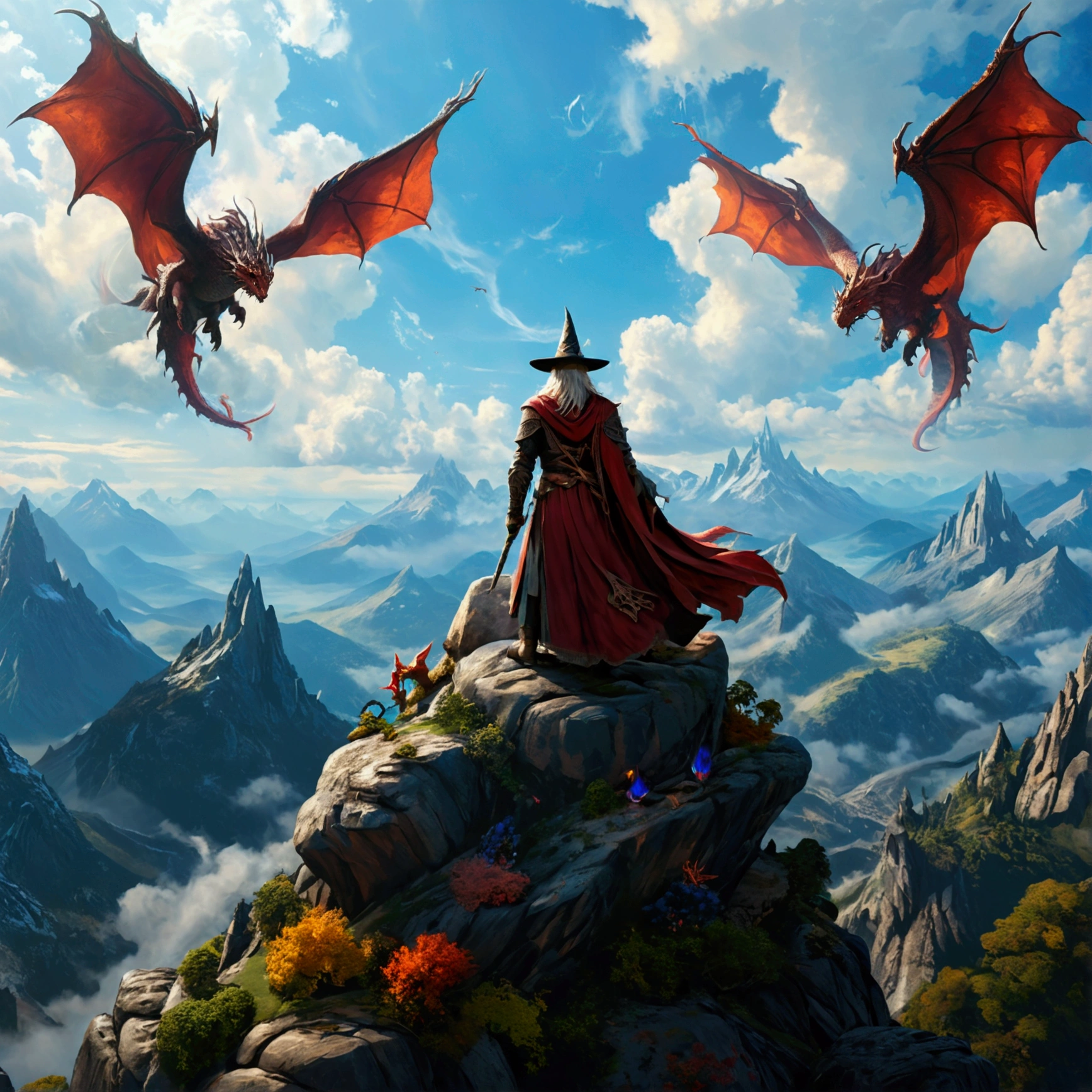 Fantasy art image of a wizard on top of a rock with a masterful view of mountains and dragons in the sky, 4k super detallado, 8k qualità perfetto