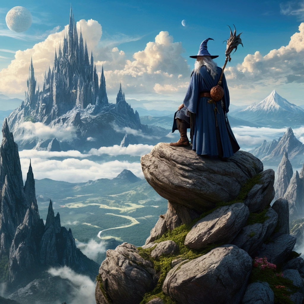 Fantasy art image of a wizard on top of a rock with a masterful view of mountains and dragons in the sky, 4k super detallado, 8k qualità perfetto