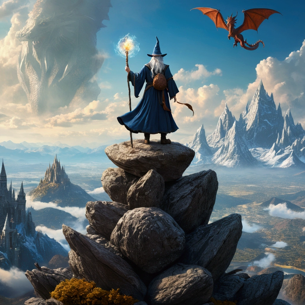 Fantasy art image of a wizard on top of a rock with a masterful view of mountains and dragons in the sky, 4k super detallado, 8k qualità perfetto