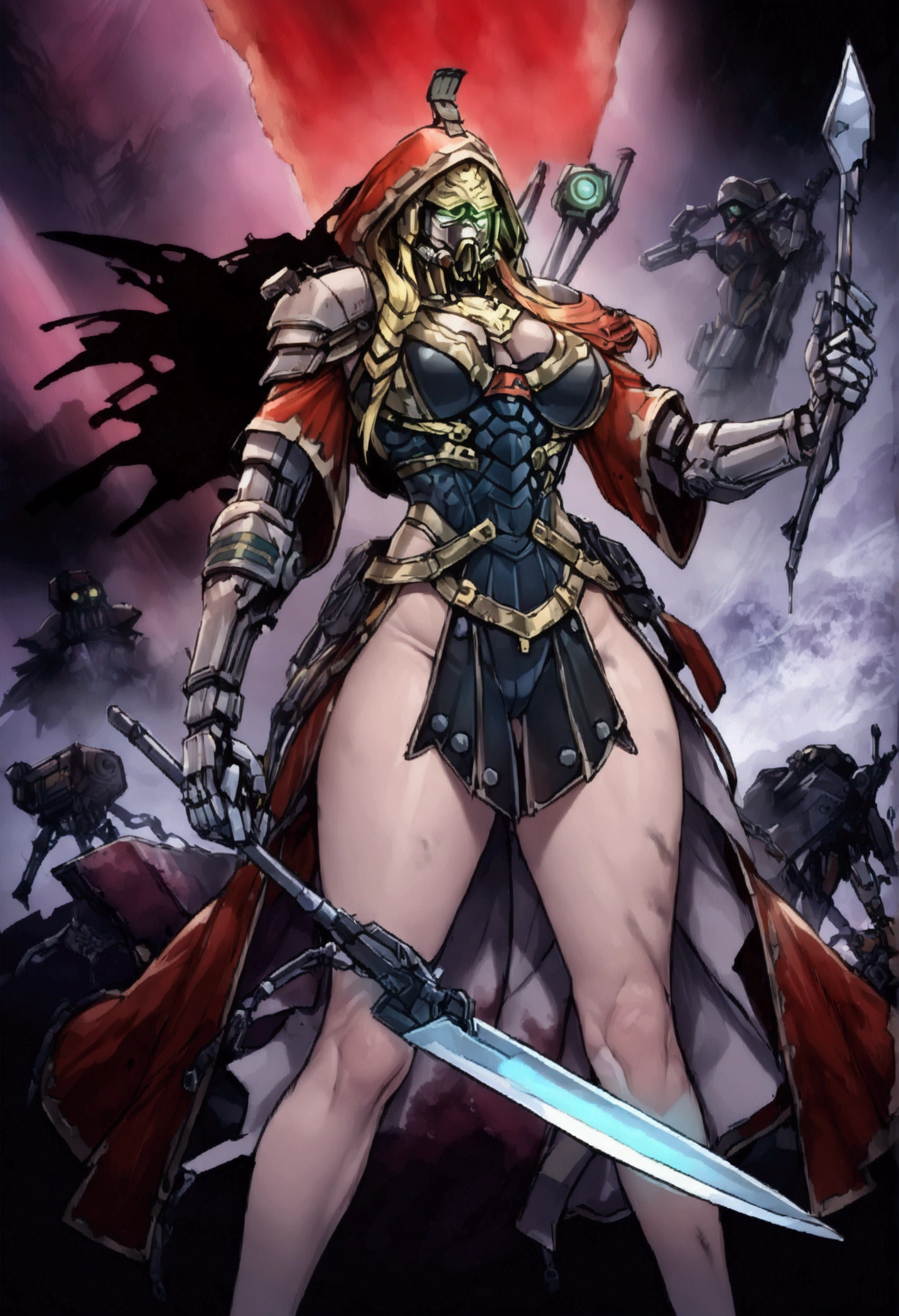 very big tits ((Masterpiece, The best quality)), illustration, 8K ultra detailed, realist, clear focus, Very detailed, Professional lighting, colorful details, Rainbow color break, high rise factory, large mechanical robot structure, tablet, computer, ((glow)), intricate details, shitu-mecha, 1 girl, mecha, belly button, color image, (cyberpunk), (redder hair: 1.2) big tits very sexy very big tits extremely big tits big cameltoe cameltoe cameltoe big cameltoe big,yellow red hair,Yellow hair, ((techpriest)), mechanical arms, obtained mechanic, Big fully naked. ((washed up red flowing modest ornate hooded technopriest dress, Dirty (red robes with oil stain)))