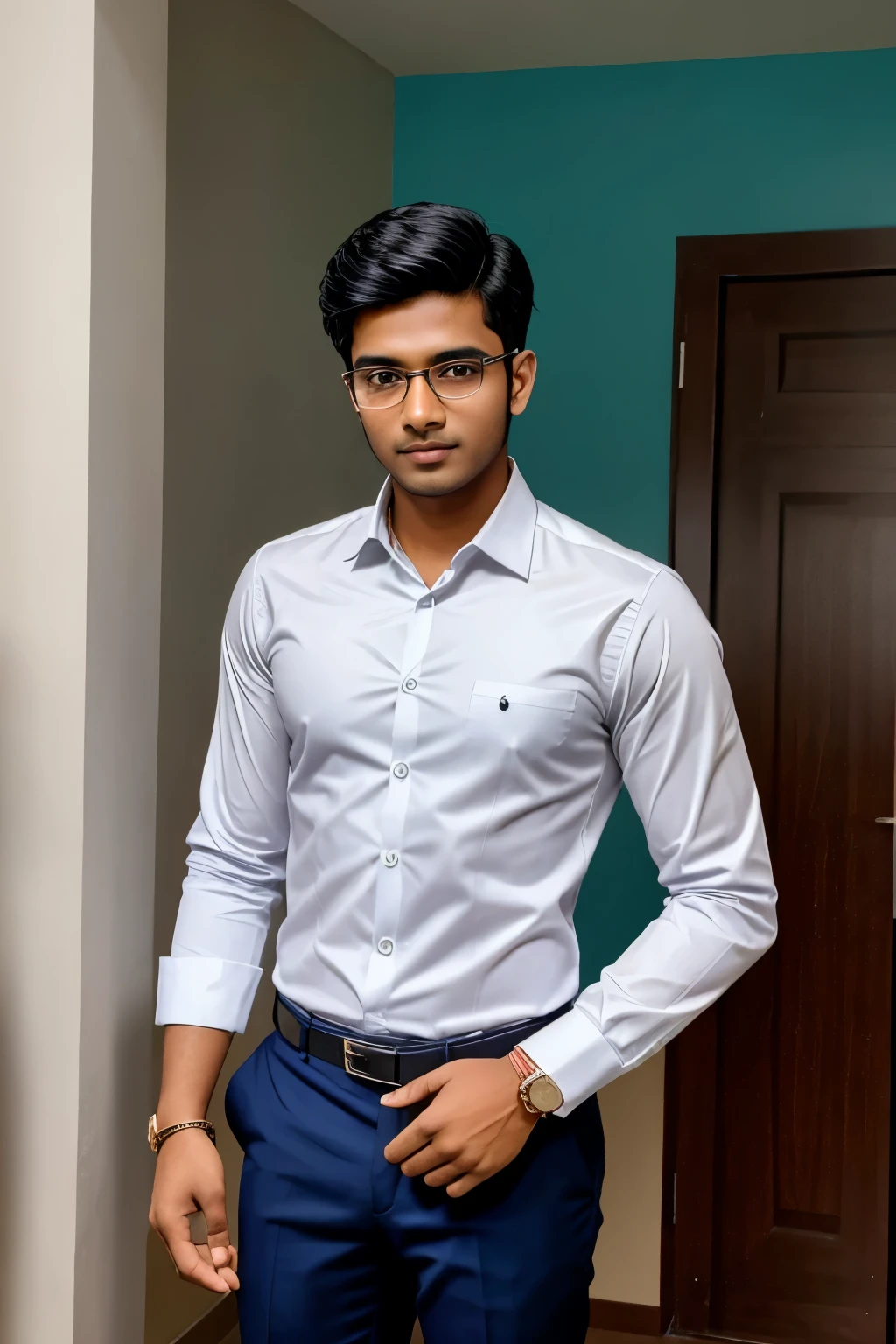 21 year old indian boy With fair skin Wearing spectacles and narrow body Posing for a linkedin picture in formals