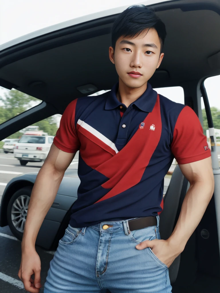 ((realistic daylight)) , Young Korean man in a navy blue polo shirt and jeans, A handsome, muscular young Asian man looks at the camera. In a simple t-shirt blue and red , roadside traffic ,turn sideways
