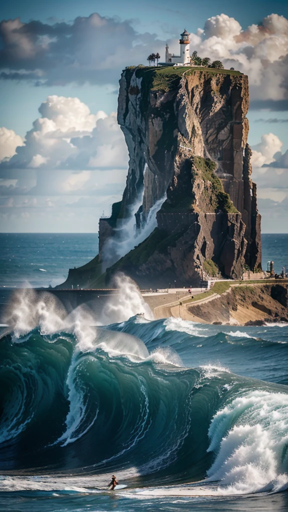 Create a dramatic scene depicting a coastal cliff with a lighthouse at the edge. The ocean waves are enormous, towering over the cliff and creating a powerful, awe-inspiring view. Multiple gigantic waves are visible, with some surfers riding them. A crowd of spectators is gathered at the cliff, watching the spectacle unfold. The lighting gives the scene a majestic and intense atmosphere, highlighting the texture and movement of the waves. The sky is clear, allowing the focus to remain on the ocean's immense power and the brave surfers riding the waves.