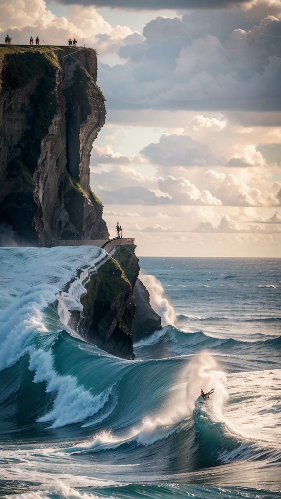 Create a dramatic scene depicting a coastal cliff with a lighthouse at the edge. The ocean waves are enormous, towering over the cliff and creating a powerful, awe-inspiring view. Multiple gigantic waves are visible, with some surfers riding them. A crowd of spectators is gathered at the cliff, watching the spectacle unfold. The lighting gives the scene a majestic and intense atmosphere, highlighting the texture and movement of the waves. The sky is clear, allowing the focus to remain on the ocean's immense power and the brave surfers riding the waves.