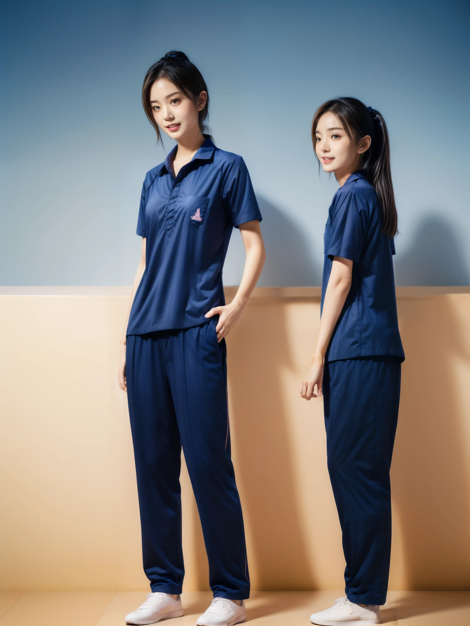 (best quality,10,10,height,Masterpiece:1.2),Special details,(realistic,ภาพrealistic,Realistic photos:1.37),1 Cute girl in the kitchen,shiny, ผิวshiny,only,smile softly,BDclothelue shirt:1.3)),short sleeve,shirt, กางเกงขาlong.,(navy_long_track pants:1.1), ((Kitchen Background)),Dynamic angle,excited,Face focus,dynamic poses,from behind,focus on ass,Masterpiece, best quality, ultra realistic, hyper detail, 8k resolution, raw photos, Sharp focus, ((Navy blue shirt:1.1)), short sleeve, เส้นทางlong, perfect body, 2 mature women, 18 years old, Cinema-grade lighting system,blue sweatpants,shirtผ้าออกกำลังกาย,correct anatomy,perfect body, correct body, Sharp face, correct bodyทางกายวิภาค, full body, realistic gestures, long-haired, realistic poses,Wear long shorts...........................,ช่วงขาlong,Good shape,carved girl, Slender figure, model, Good shape, beautiful body,blue sweatpants, two girls kissing