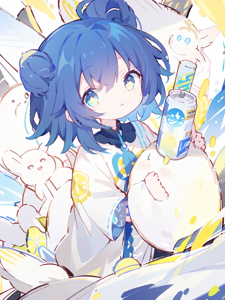 Half Twin、Blue Hair、Yellow Eyes、Have a can of juice、Long, droopy eyes、Landmine-type clothing
