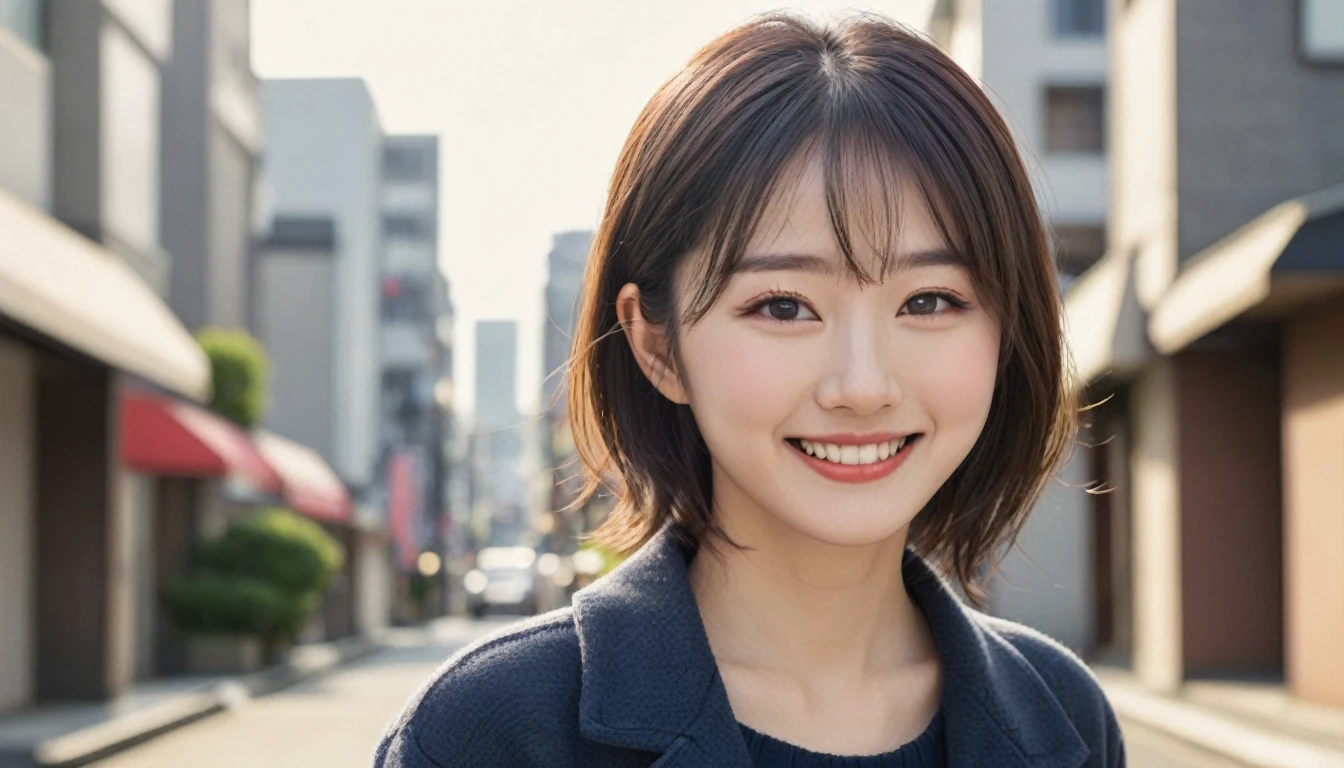 (best quality, masterpiece, ultra detailed, ultra high res, photorealistic, raw photo, absolutely resolution), smile, Japanese, 20 year old woman, out door, (city:1.2)