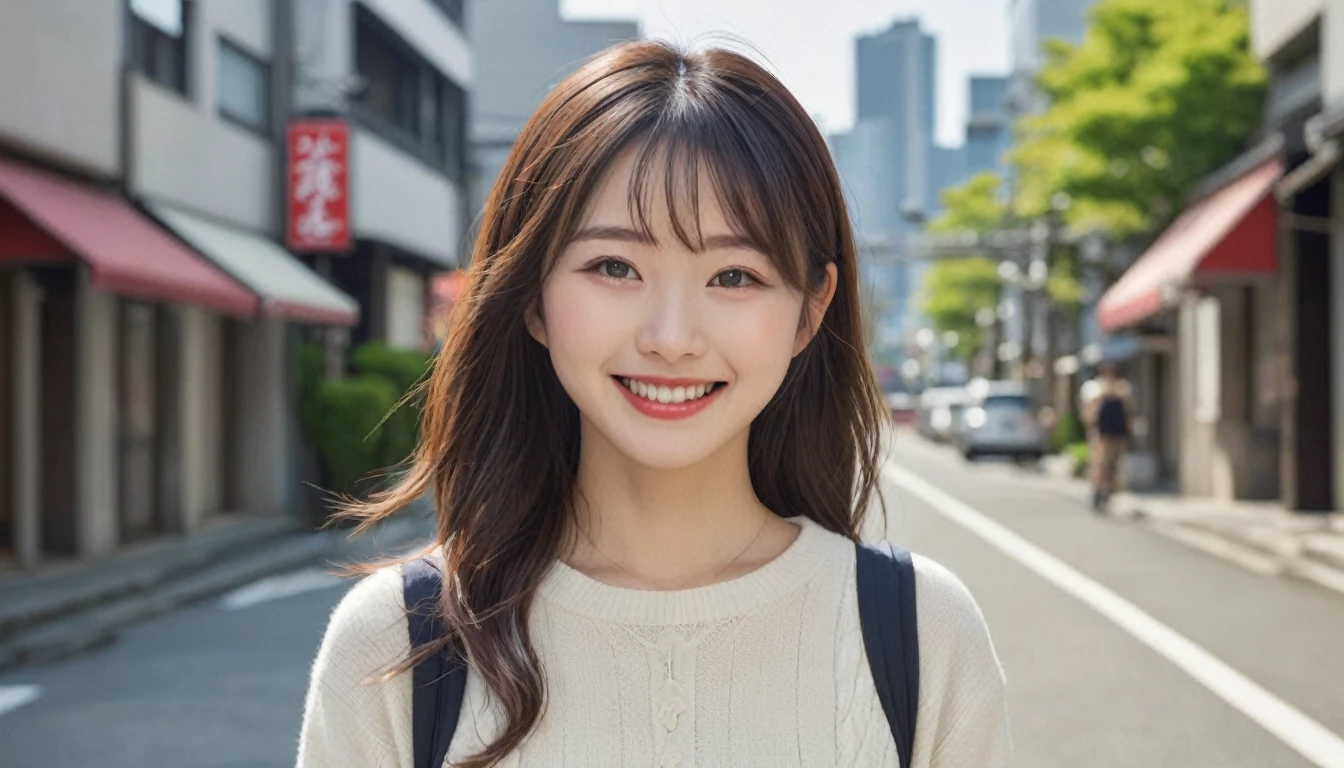 (best quality, masterpiece, ultra detailed, ultra high res, photorealistic, raw photo, absolutely resolution), smile, Japanese, 20 year old woman, out door, (city:1.2)