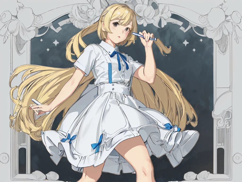 (masterpiece, Highest quality, Highest quality, beautifully、aesthetic: 1.2), (1人のgirl: 1.3), Very detailed, (Line art),Rough pen,((Full Color)), (masterpiece),(Highest quality:1.1), (Super detailed),Best illustrations, Magnificent sky, Hand-painted high quality, (pale colour), (Desaturate), High Contrast,80s anime, (80s Vinyl Anime), (The outline is roughly drawn in pencil.:1.3),Set the lines a little thicker, girl,alone, (色ed background:1.1), High resolution, ((Don't draw backgrounds))、画面の前面にgirl, (Light flies), Slanted Eyes, Low nose, ((Bob Hair)), Thick-soled shoes, (Blonde), ribbon, ((不思議の国のアリスをイメージしたgirl)), Short sleeve, Thick-soled shoes, pale colour,