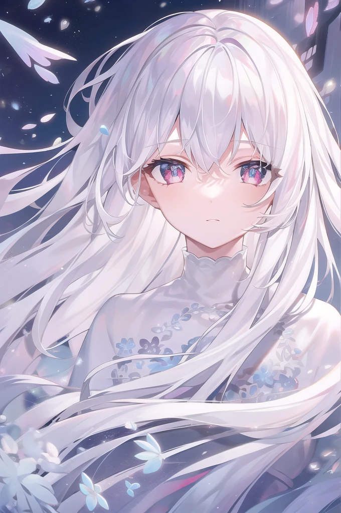 ((masterpiece, best quality))++, Detailed lighting+,  Detailed hair+, Detail hand+ ,1 girl, Miss, Long hair,   Crimson eyes,  beautiful eyes, young white hair,,(Beautiful white hair:1.5),(Beautiful and delicate eyes),  high resolution+,glass tint, Reflective eyes,   {{angle}} , Very detailed wallpaper, The original, Air bangs，Extremely beautiful CG，black worksuit，Firefly，Galaxy，Shattered like a mirror