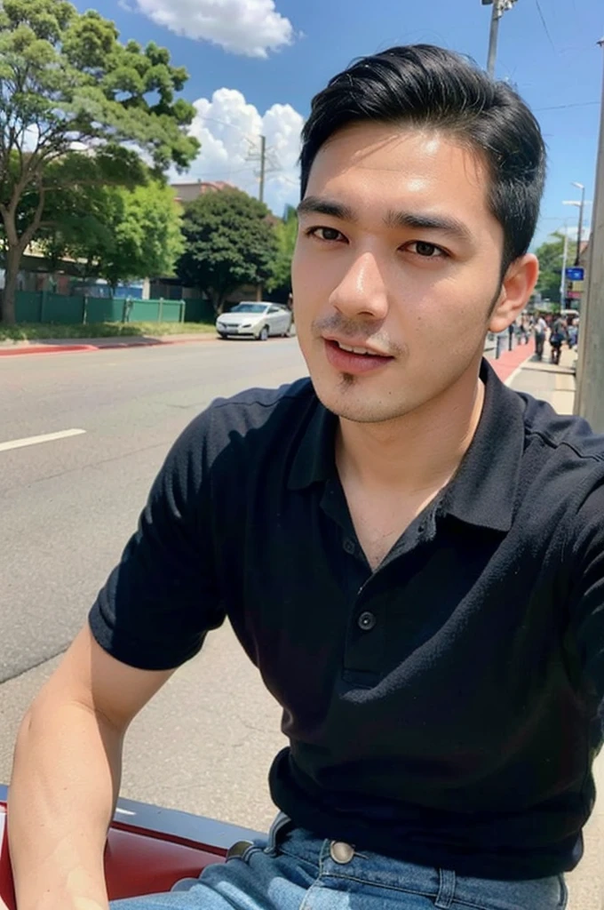 ((realistic daylight)) , Young Korean man in a navy blue polo shirt and jeans, A handsome, muscular young Asian man looks at the camera. In a simple t-shirt blue and red , roadside traffic ,turn sideways