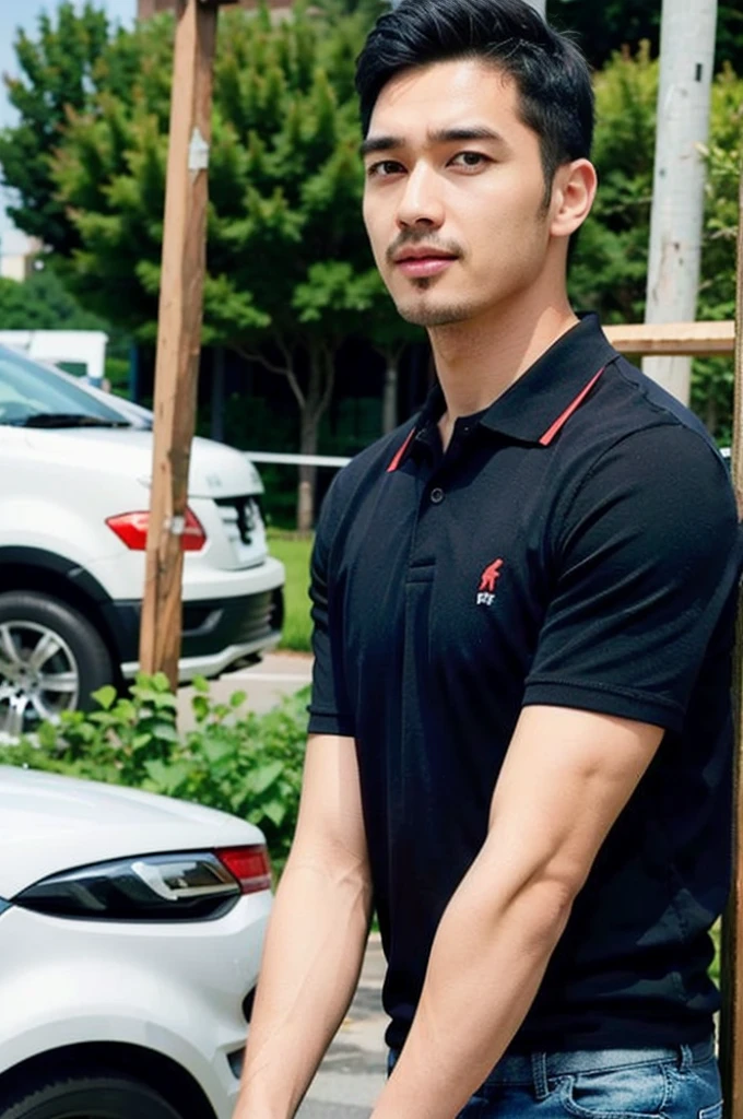 ((realistic daylight)) , Young Korean man in a navy blue polo shirt and jeans, A handsome, muscular young Asian man looks at the camera. In a simple t-shirt blue and red , roadside traffic ,turn sideways