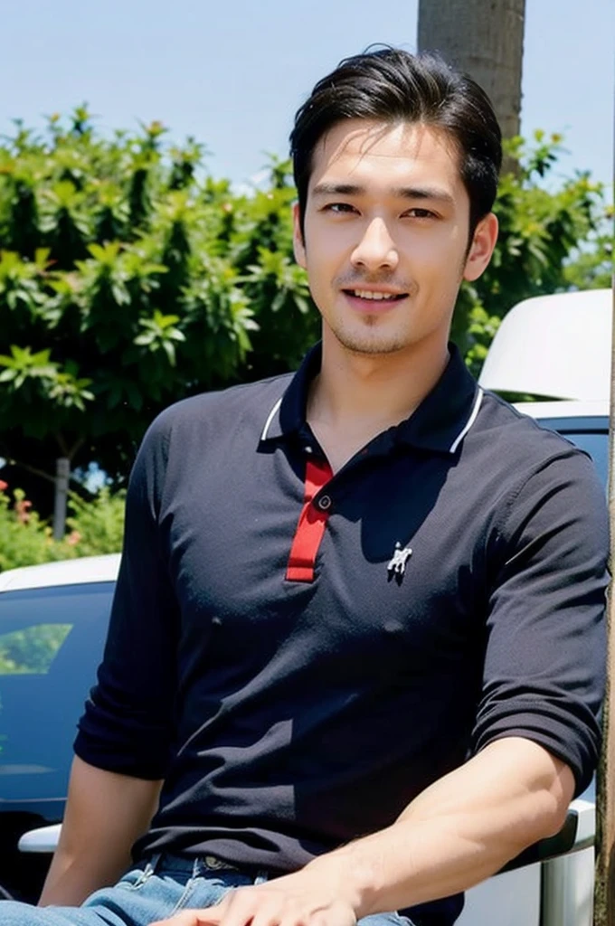 ((realistic daylight)) , Young Korean man in a navy blue polo shirt and jeans, A handsome, muscular young Asian man looks at the camera. In a simple t-shirt blue and red , roadside traffic ,turn sideways