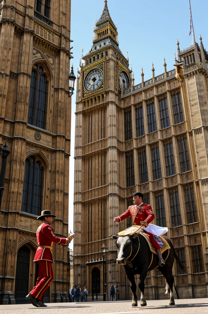 Bullfighter making a pass at Big Ben in London