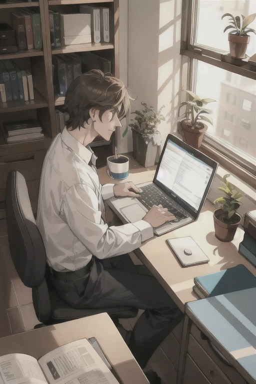 A person sitting at a desk, working on a laptop. The desk has a cup of coffee, some books, and a potted plant. The background is a cozy home office with warm lighting.