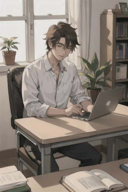 A person sitting at a desk, working on a laptop. The desk has a cup of coffee, some books, and a potted plant. The background is a cozy home office with warm lighting.