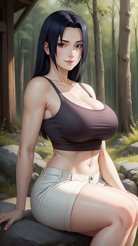 Mikoto Uchiha, oil painting, highly detailed, realistic, portrait, bright colors, soft lighting, (best quality, 4k,8k, height, masterpiece: 1.2), (big round breasts: 1.5), professional, long black hair, eyes black, beautiful detailed eyes and face, very detailed smile, long eyelashes, sitting on a rock, looking towards the viewer, very short top, big butt, bare shoulders, white shorts, outdoors, forest, cowboy shot, collarbone.