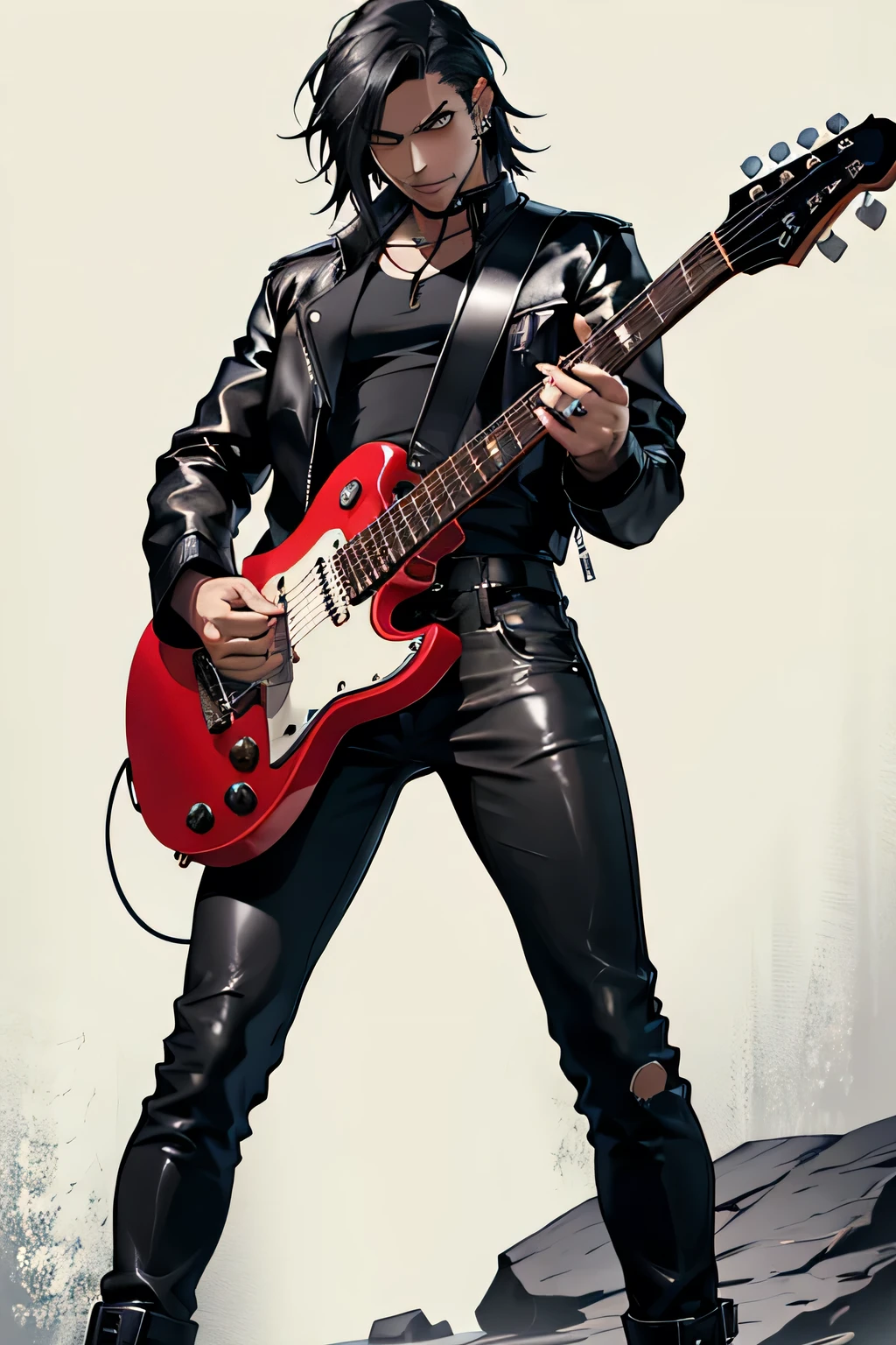 1 men, with scars on arms, alternative style, leather jacket, a rock band t-shirt, waist belt, black pants, piercings, all star, red guitar and shoulder-length black hair.