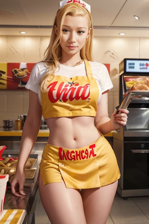 Iggy Azalea as a fast food worker, fast food restaurant, fast food counter, sexy fast food apron, sexy fast food uniform, midriff, big butt, french fries, hamburger, cheeseburger, soda, milkshake, cashier, order taking, cooking, serving, smiling, friendly expression, dynamic pose, bright lighting, warm colors, photorealistic, (best quality,4k,8k,highres,masterpiece:1.2),ultra-detailed,(realistic,photorealistic,photo-realistic:1.37)