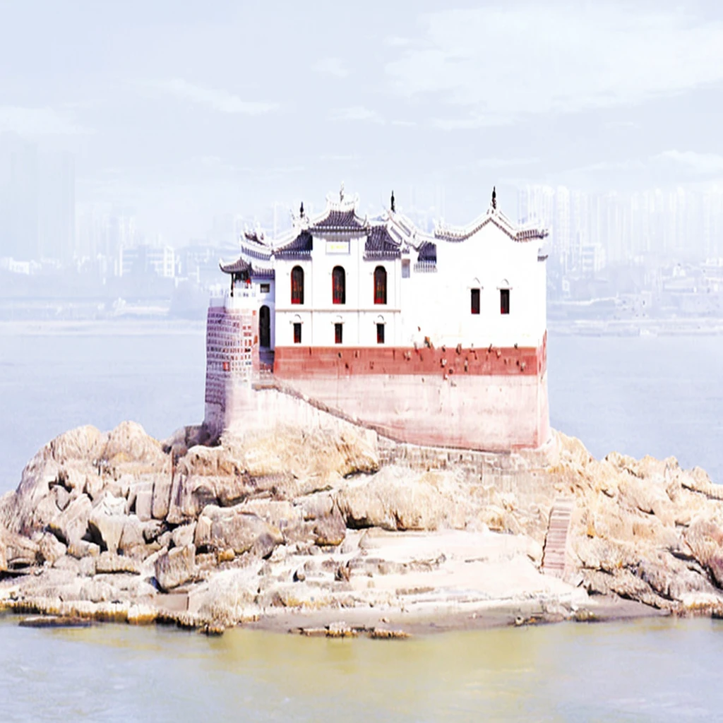 There is a small white building on the rocks in the water, History background, Guangjian, A huge floating castle, keep, , Palace on the Hill, Many years have passed, An ancient, an island, Anhui style, The end of an era, Guanyin Pavilion,Chinese Cultural Heritage