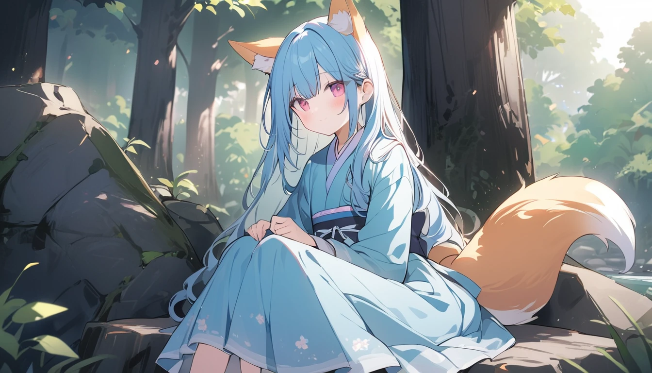 (good job:1 woman, fox ears, fox tail, 하늘색 fox ears, 하늘색 fox tail,hair down to the middle of the back, light blue hair, He wears a white ribbon in his hair., pink eyes, Sky blue hanbok, long hanbok skirt, sitting on a rock in the forest, low angle