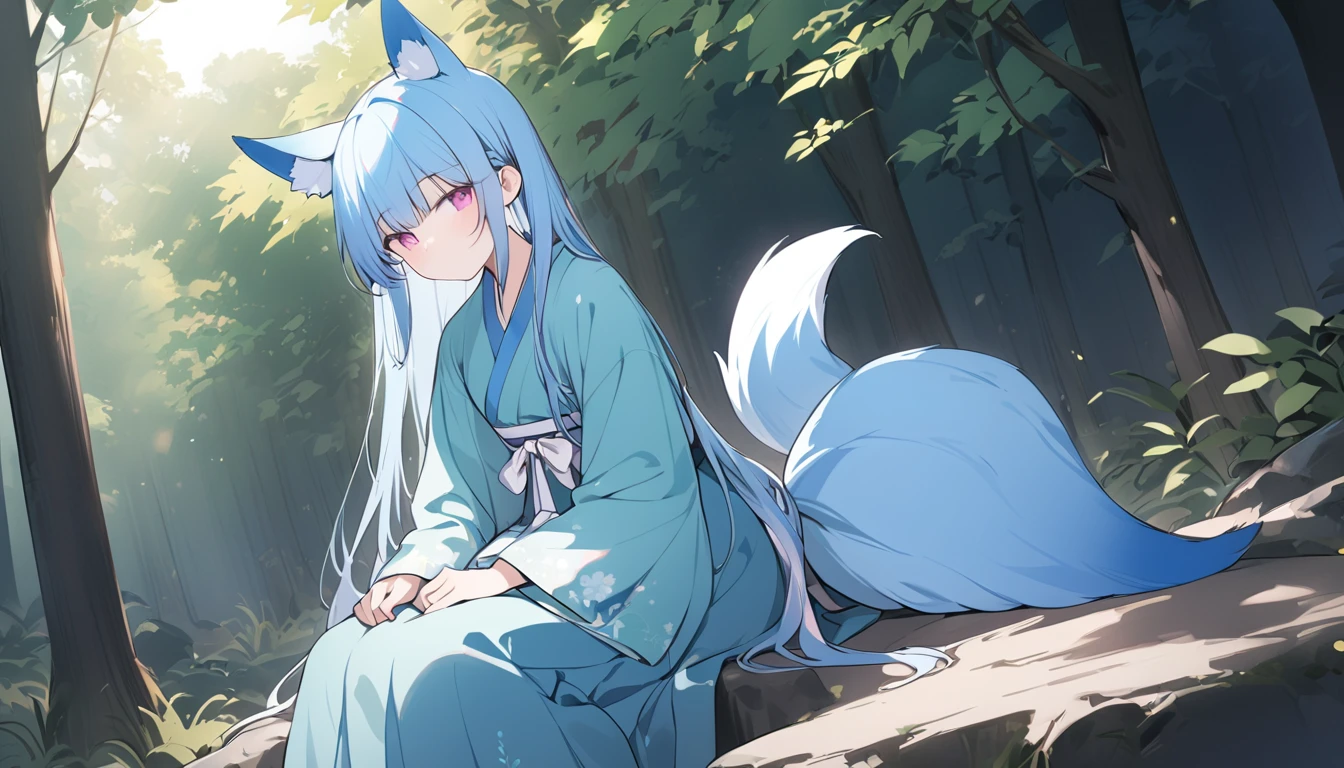(good job:1 woman, fox ears, fox tail, 하늘색 fox ears, 하늘색 fox tail,hair down to the middle of the back, light blue hair, He wears a white ribbon in his hair., pink eyes, Sky blue hanbok, long hanbok skirt, sitting on a rock in the forest, low angle