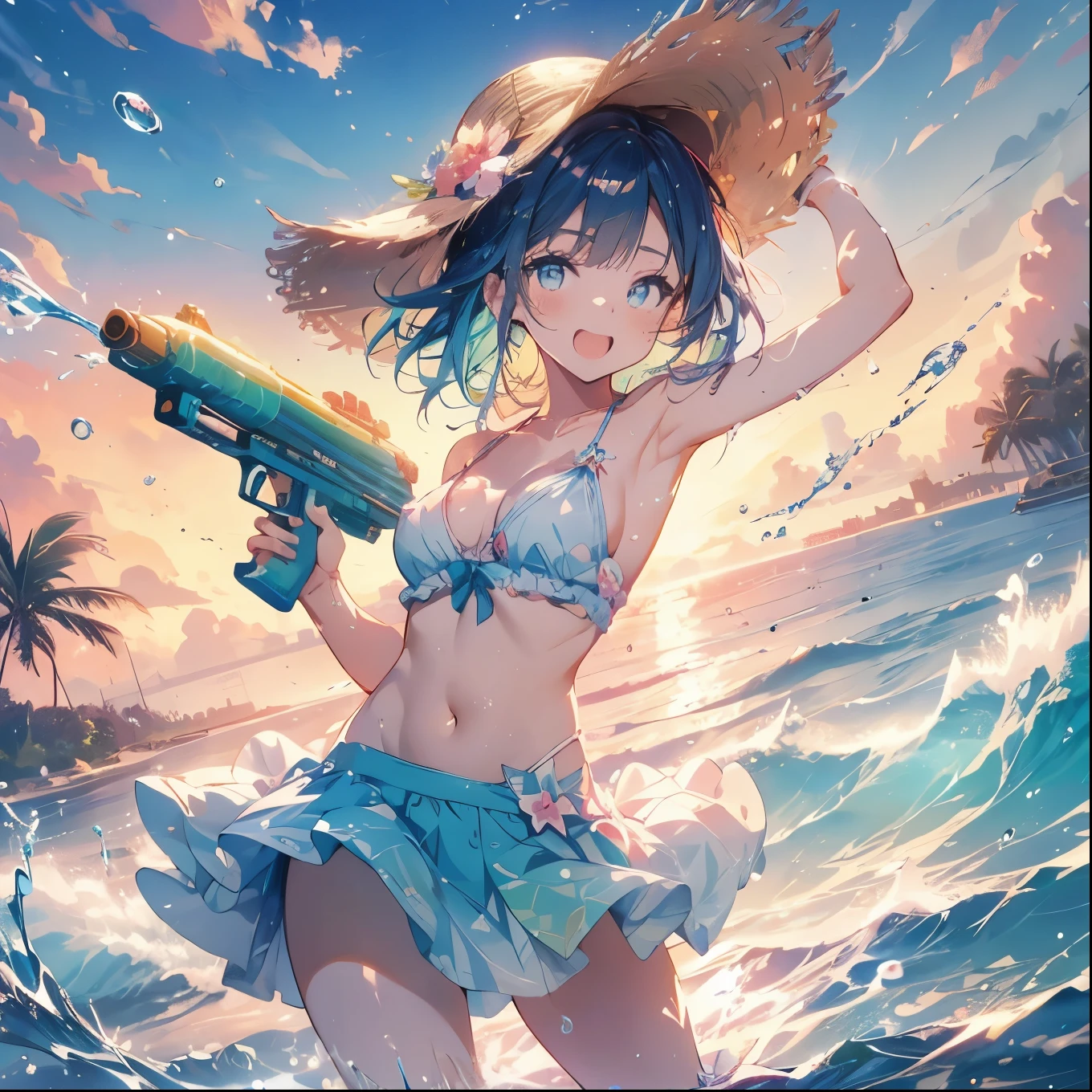 Anime girl in bikini holding a water gun in the sea, Splash art anime , anime art wallpaper 4k, anime art wallpaper 4k, Gweiz-style artwork, 4k anime wallpaper, Anime Style 4k, High-resolution anime art, anime wallpaper 4k, anime wallpaper 4k, Wallpaper Anime Blue Water, Sharp pupils, Realistic pupils,