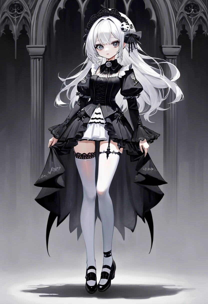 masterpiece, top-quality, ​masterpiece, top-quality,ighly detailed,{top-quality}, {{​masterpiece}}, {hight resolution},original, {extremely delicate and beautiful},​masterpiece, top-quality,ighly detailed,{top-quality},white hair, gothic lolita, full body, standing, white thighhighs,