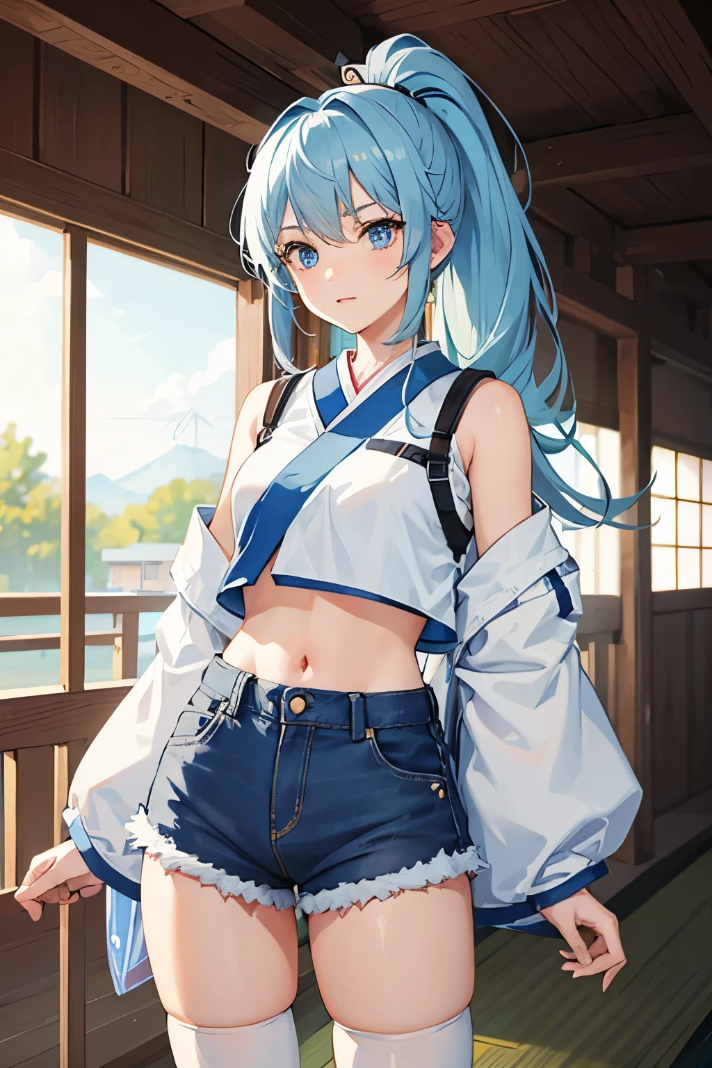 1girl, japanese clothes, ponytail, light blue hair, light blue eyes, crop top, jean shorts, thighhighs