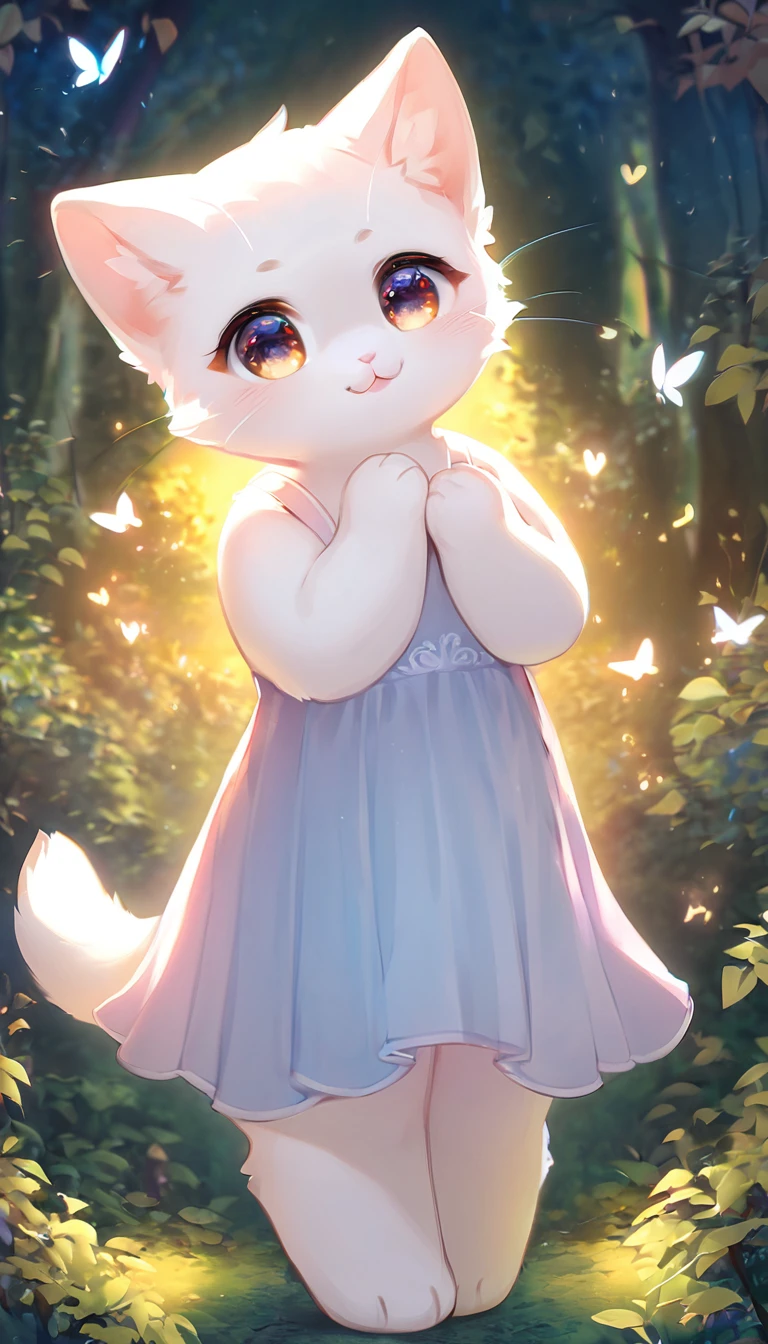 Highest quality, masterpiece, Cute white kitten, Wearing a one-piece dress、Are standing, Fantasy forest world, A gentle glowing image effect，whole body