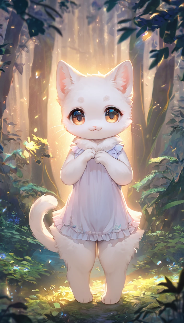 Highest quality, masterpiece, Cute white kitten, Wearing a one-piece dress、Are standing, Fantasy forest world, A gentle glowing image effect,whole body