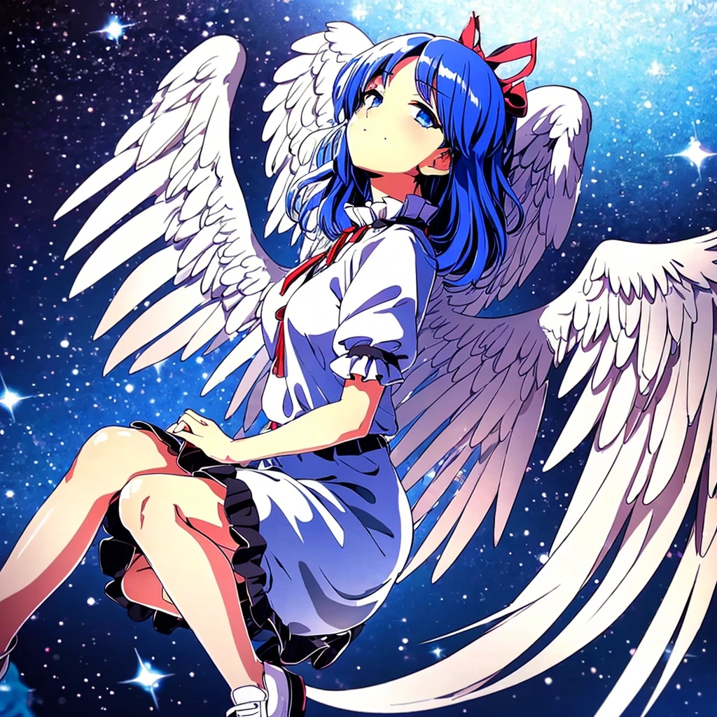 (best quality,4k,8k,highres,masterpiece:1.2), ultra-detailed, highly detailed texture, intricate details, A cute teenage angel with blue eyes, drawn in anime style, 1girl, , , 10 years old, medium blue hair, hair flaps, pink ribbon on head, well-formed face, blue eyes, angel girl, white blouse, puffy short sleeves, red ribbon, angel wings, long white skirt, red shoes, frills, ribbon head, A pair of angel wings on the back