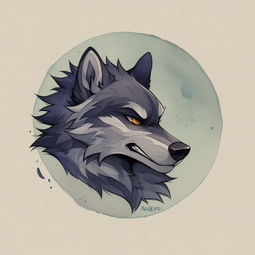 High quality, logo style, watercolor, with 3D effect, as if puff printing. Powerful logo with strong, dark colors, of a gray wolf. Monochromatic background, by yukisakura, incredible and original colors of the species. Traditional Screen Printing: "Create a t-shirt design with traditional screen printing using layers of solid, overlapping colors."