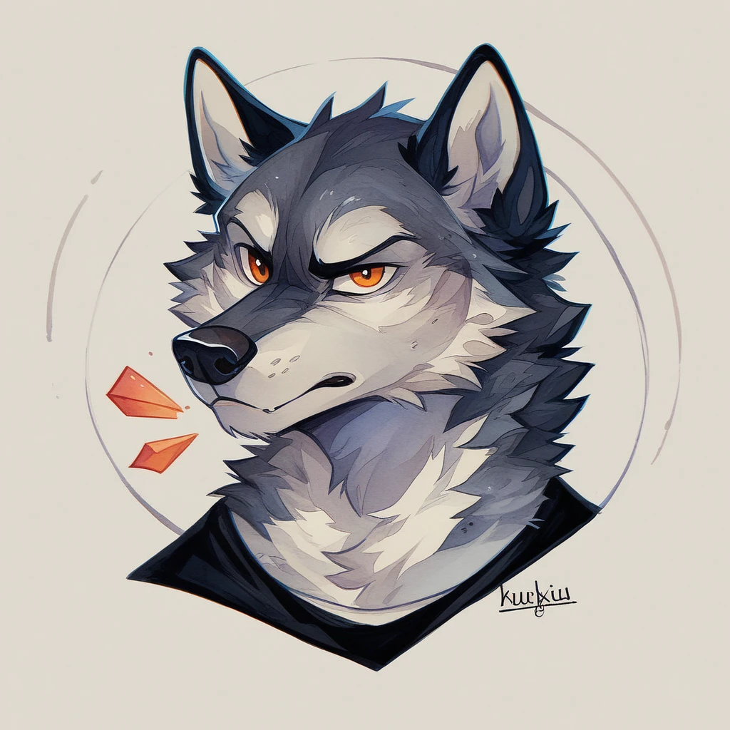 High quality, logo style, watercolor, with 3D effect, as if puff printing. Powerful logo with strong, dark colors, of a gray wolf. Monochromatic background, by yukisakura, incredible and original colors of the species. Traditional Screen Printing: "Create a t-shirt design with traditional screen printing using layers of solid, overlapping colors."
