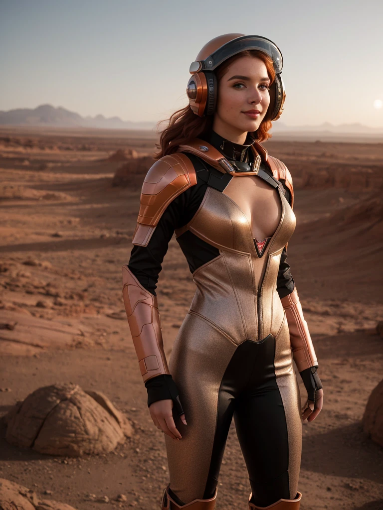 A photorealistic portrait of Marissa Mars, a 21-year-old Martian female, standing confidently with her hands on her hips. She sports long fiery red hair with holographic highlights that shimmer in changing colors under the Martian sunset. Her large, expressive eyes glow subtly, enhancing her striking features. She is dressed in a sleek, form-fitting Martian space suit adorned with luminescent lines and protective plating, complemented by a stylish, transparent helmet. Behind her, the dome-shaped Martian habitat offers a panoramic view of the rugged, rocky landscape under a sky painted in pink and orange hues. The image should capture the essence of a futuristic AI Instagram influencer, blending advanced technology with high fashion on the red planet, in 8k HDR, full body shot, high detailed, high quality.
medium size beautiful breast, (((Cleavage))),

 ....Tall, Athletic, Triangular Face, Fair Skin, long brown Hair, hazel Eyes, [[Curved Nose]], Thick Lips, Round Chin, Instagram model, cheerful smile, medium breasts, coral stain lipstick,
Masterpiece, hi res, 8k, award winning, RAW photo, high quality, 35mm photograph, film grain, bokeh, professional, 4k, highly detailed, 