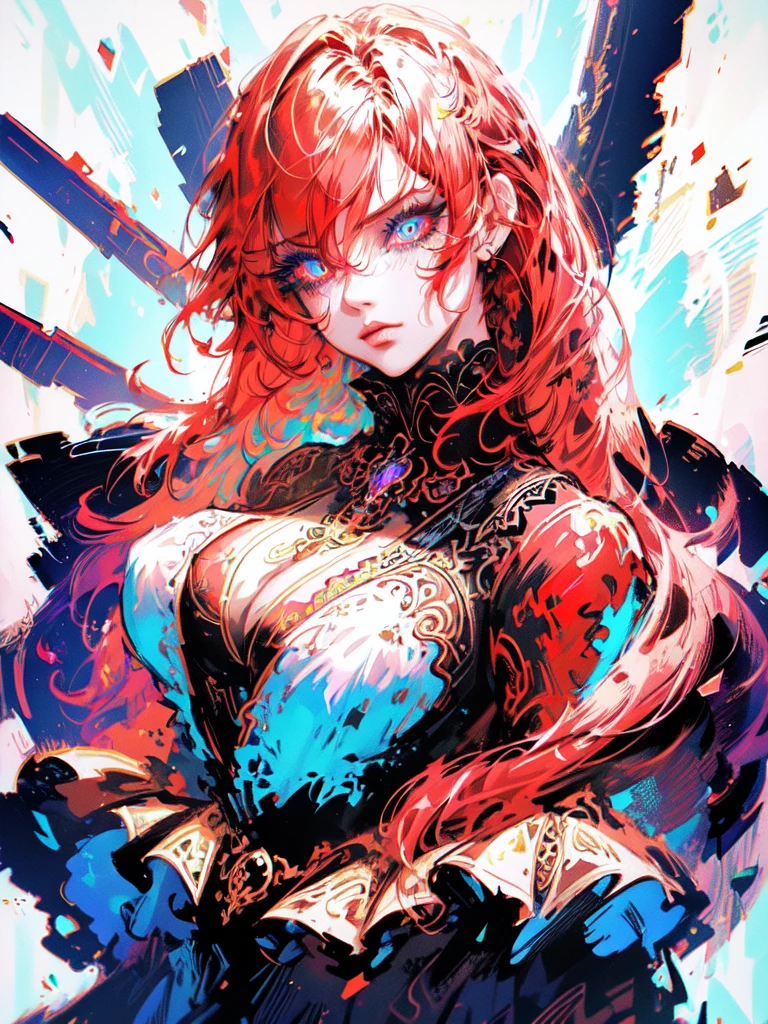 Red hair color,(masterpiece, best quality),(1 lady),(solo),(artstation),(dynamic),(charming),(magical),(unreal engine),(fantastically beautiful),(illustration),(dramatic lighting),(rave background),(neon glow),(maximalist),(extremely detailed eyes and face),(long eyelashes),(intricate details),(vibrant colors),(cinematic lighting),(fantasy portrait)
