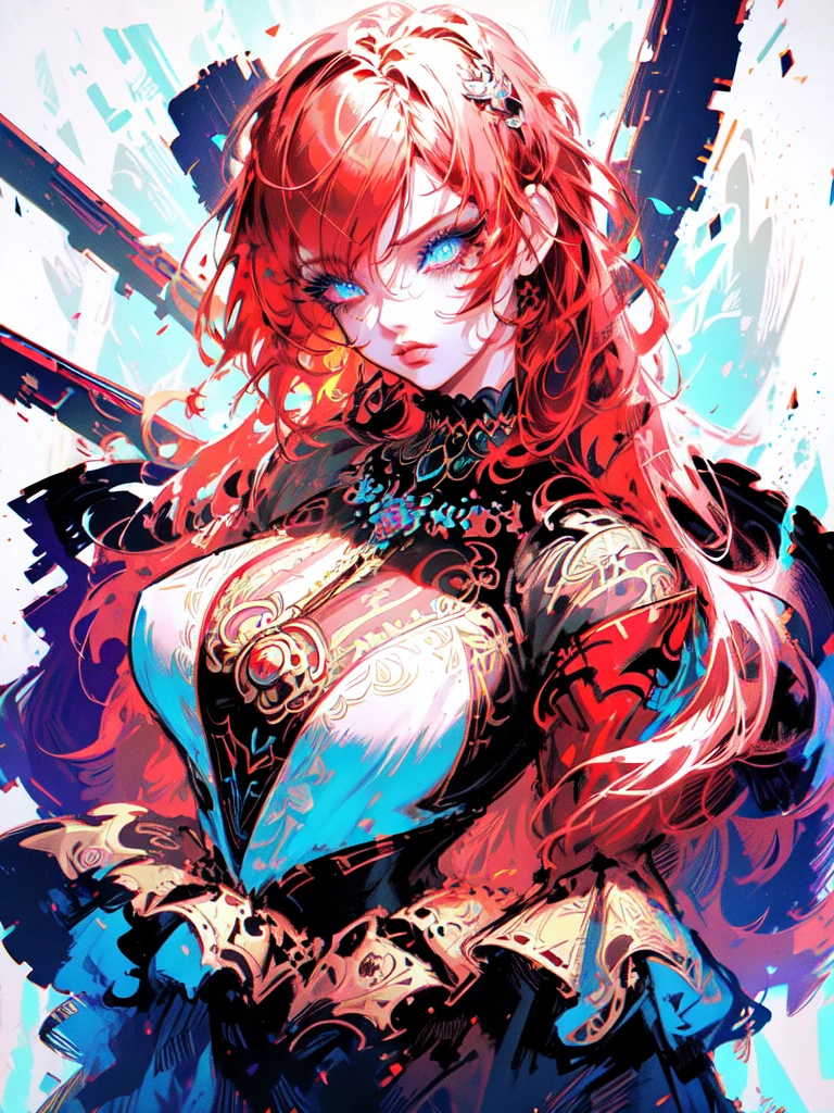 Red hair color,(masterpiece, best quality),(1 lady),(solo),(artstation),(dynamic),(charming),(magical),(unreal engine),(fantastically beautiful),(illustration),(dramatic lighting),(rave background),(neon glow),(maximalist),(extremely detailed eyes and face),(long eyelashes),(intricate details),(vibrant colors),(cinematic lighting),(fantasy portrait)