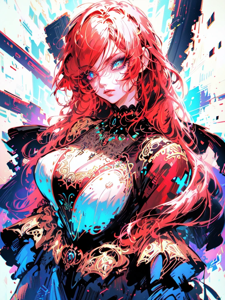 Red hair color,(masterpiece, best quality),(1 lady),(solo),(artstation),(dynamic),(charming),(magical),(unreal engine),(fantastically beautiful),(illustration),(dramatic lighting),(rave background),(neon glow),(maximalist),(extremely detailed eyes and face),(long eyelashes),(intricate details),(vibrant colors),(cinematic lighting),(fantasy portrait)