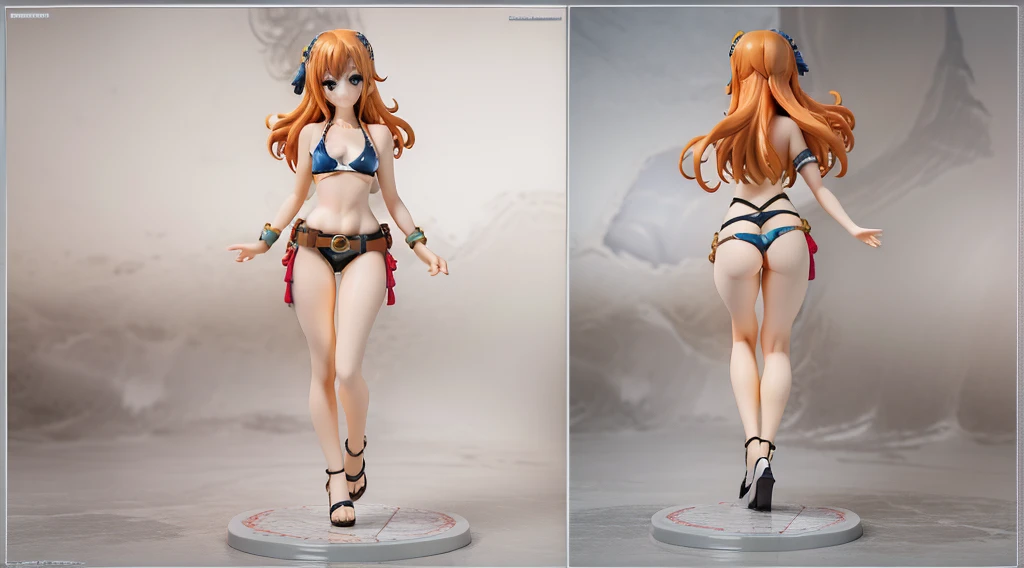 ((Best Quality)), ((Masterpiece)), (((detailed character sheet, frontal view, side view, three quarter view))) white background、one piece、whole body、whole bodyイラスト、whole bodyアニメーション、whole bodyリファレンスシート、denim、Tank top、High heels、Swimwear、bikini、original、New World、Long Hair、Orange Hair、Tattoo on left arm、Ring belt、Heighten your head、smile、Cute face、Narrow waist、Long legs、Beautiful feet、9 heads body、beautiful lady、small head、3D