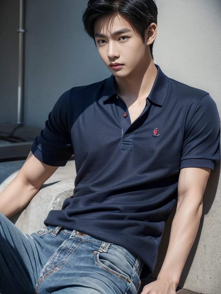 ((realistic daylight)) , Young Korean man in a navy blue polo shirt and jeans, A handsome, muscular young Asian man looks at the camera. In a simple t-shirt blue and red , roadside traffic ,turn sideways