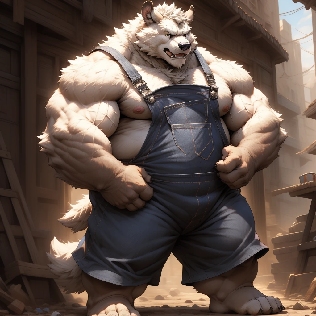Epic Citizen Zootopia style, My Heroe Academia Character, Stars Wars Dungeons and Dragons style, A poor villager, Real life, Anime serie, Anime character, Obese muscle Obese Sumo wrestler Werebeast Kid, full body pic (obese, strong legs and arms) Sumo wrestler Werebeast Kid. Obese muscle fat kid (bulky, wide, broad shoulders), Citizen obese Werebeast kid, Anthro, male, old chubby canine, imposing, thick furry neck and chest fluff,(white fur:1.5), (middle-age:1.2),(elderly, old, mature:1.2),black eyes,(muscular body with large arms huge biceps and chunky musclegut: 1.2),( working as a laborer), (overalls:1.5),whiskers, nipples, pubes, hairy body:1.2, (canine tail)chest hair, belly hair,detailed fluffy fur,((intricate detail fluffy fur texture)), photorealism,(by darkgem),(by taran fiddler)