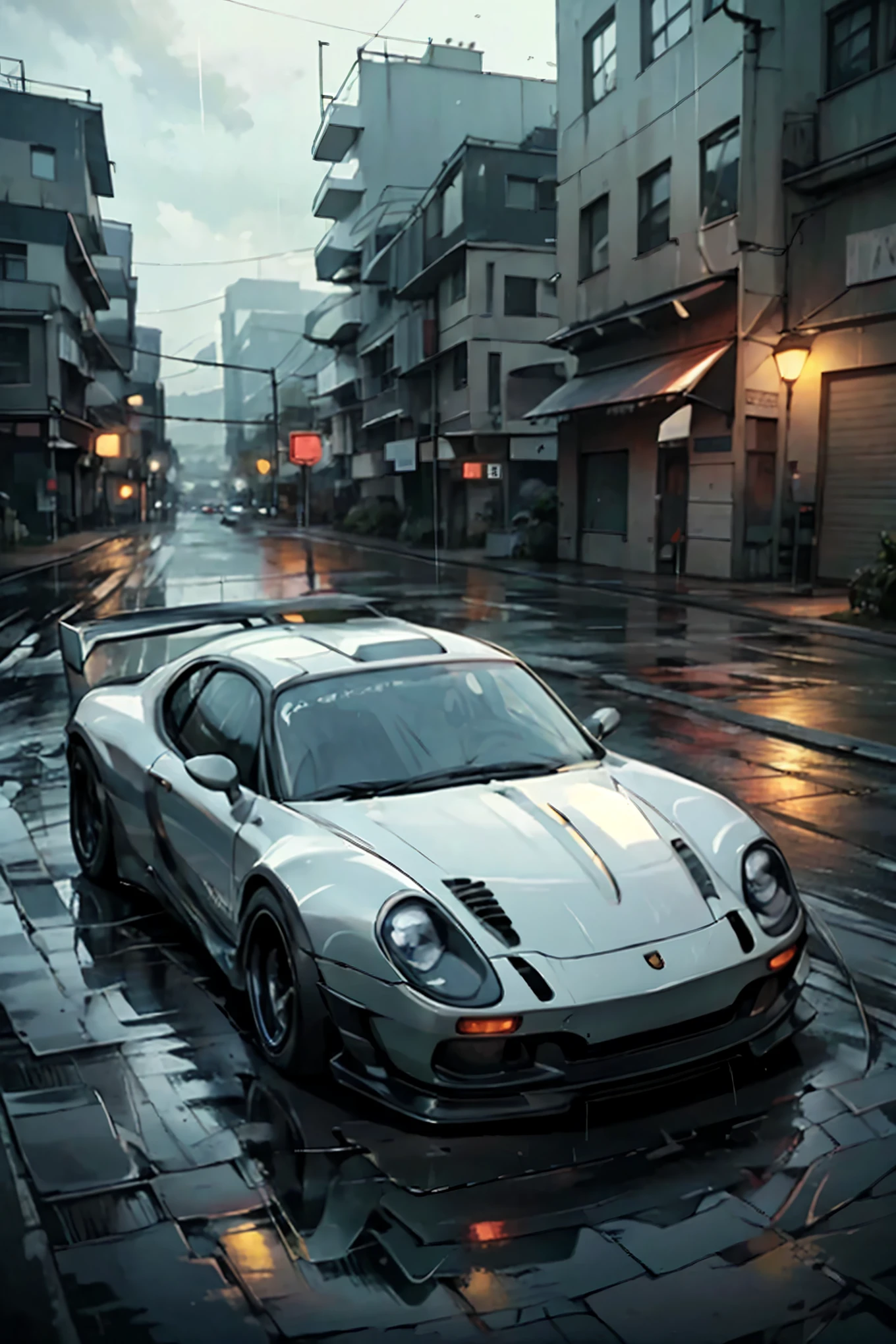 A Porsche sports car, its sleek body gleaming under the soft glow of the streetlights, gallops down the wet asphalt road. The sky above is a canvas of darkness, punctuated by drizzling raindrops that sparkle like diamonds in the ambient light. Captured through a medium-range lens, the image maintains a sense of intimacy with the car, its contours and curves accentuated by the wet weather. The realistic style of the painting lends a palpable texture to the drizzle, the rain-slicked road, and the car's bodywork. The picture ratio of 3:4 ensures a balance between width and height, immersing