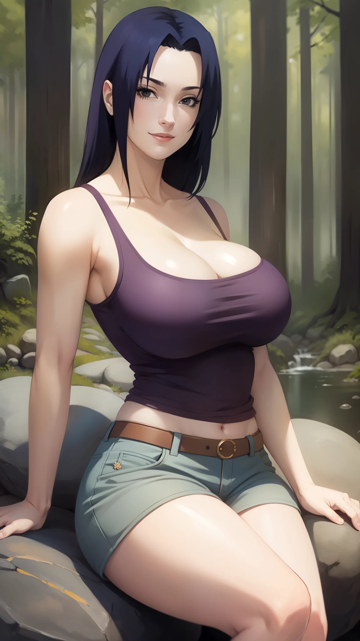 Mikoto Uchiha, oil painting, highly detailed, realistic, portrait, bright colors, soft lighting, (best quality, 4k,8k, height, masterpiece: 1.2), (big round breasts: 1.5), professional, long black hair, eyes black, beautiful detailed eyes and face, very detailed smile, long eyelashes, sitting on a rock, looking towards the viewer, very short top, big butt, bare shoulders, white shorts, outdoors, forest, cowboy shot, collarbone.