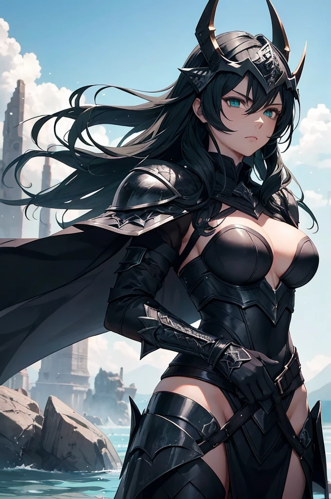 Stunning warrior wearing black armor forged from the scales and bones of Ancalagon, The Black Dragon. The armor is composed of dark metallic plates with a slight bluish glow., engraved with ancient runes. The breastplate fitted to Elara's body is reinforced and decorated with thorns and details that resemble the dragon's scales.. The espaliers imitate the dragon's wings, with sharp edges. The arms are protected by bracers carved in scale patterns, and the legs are covered in greaves and shin guards that offer flexibility and resistance.
Elara wears a partial helmet, leaving your face partially exposed. Her bright, expressive green eyes contrast with her black hair., which falls in gentle waves and is partially pinned back. The helmet is adorned with short horns that curve backwards., similar to those of Ancalagon.
She holds the Arch of Stars, That shines with an ethereal light, and a legendary dagger, the Blade of Shadow, is attached to your waist. The surrounding scenery is a battlefield, with the colossal body of Ancalagon in the background.