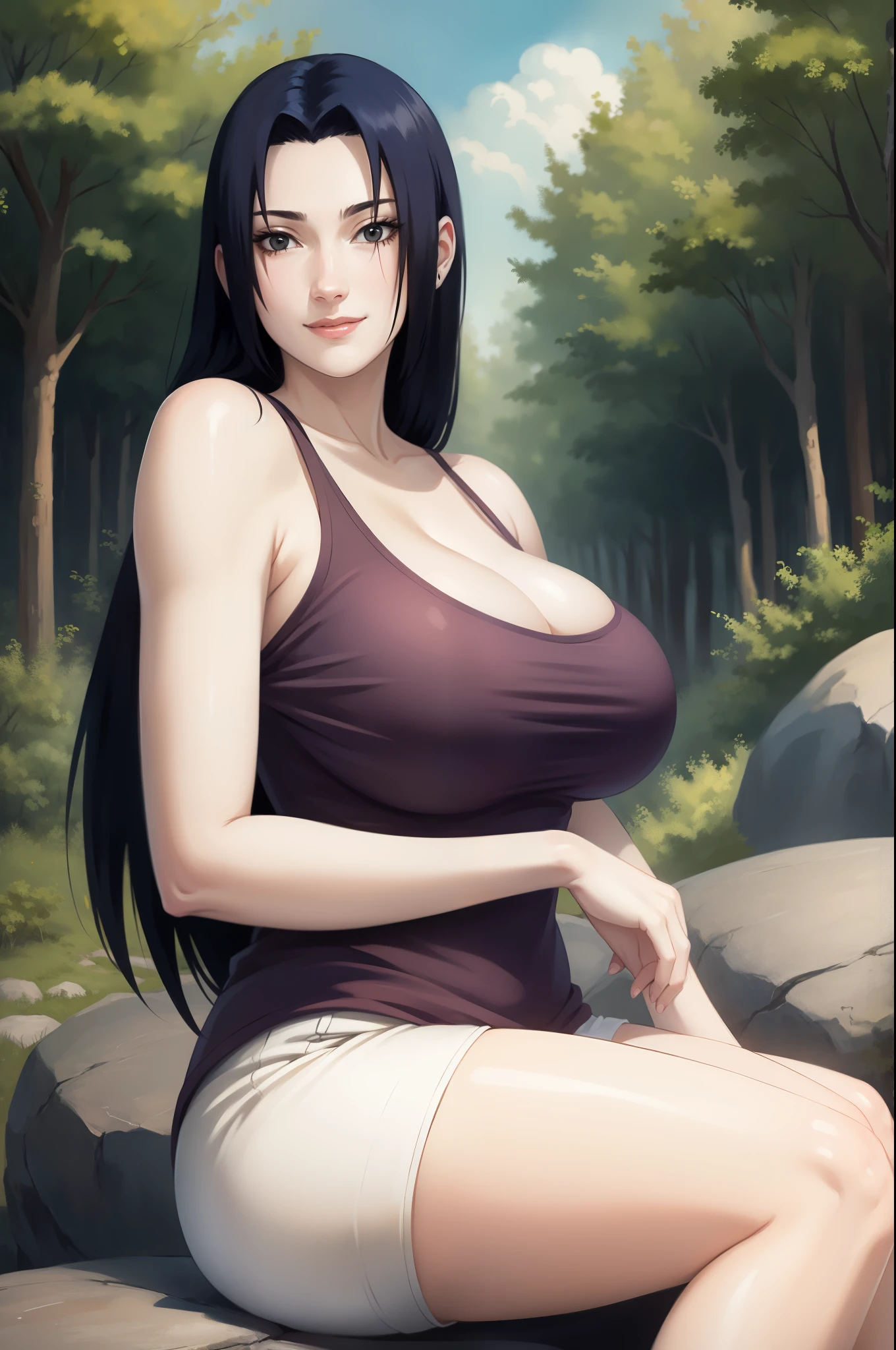 Mikoto Uchiha, oil painting, highly detailed, realistic, portrait, bright colors, soft lighting, (best quality, 4k,8k, height, masterpiece: 1.2), (big round breasts: 1.5), professional, long black hair, eyes black, beautiful detailed eyes and face, very detailed smile, long eyelashes, sitting on a rock, looking towards the viewer, very short top, big butt, bare shoulders, white shorts, outdoors, forest, cowboy shot, collarbone.