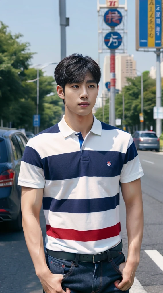 ((realistic daylight)) , Young Korean man in a navy blue polo shirt and jeans, A handsome, muscular young Asian man looks at the camera. In a simple t-shirt blue and red , roadside traffic ,turn sideways