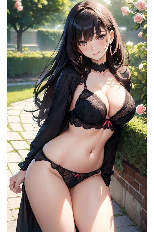 (Detailed depiction:1.2 masterpiece, Perfect quality, Anime Style, 8K, RAW Photos, Highest quality, masterpiece, High-quality RAW color photos, Professional photography, A calm lady in her late 20s, (full body),Smiling, Fashionable earrings, One person, Slightly droopy eyes, Details, round face, outside, long hair, Cute Underwear, A little plump, Best Bust, lingerie, WLOP, Sakimi-chan, (Garden of roses),Model standing