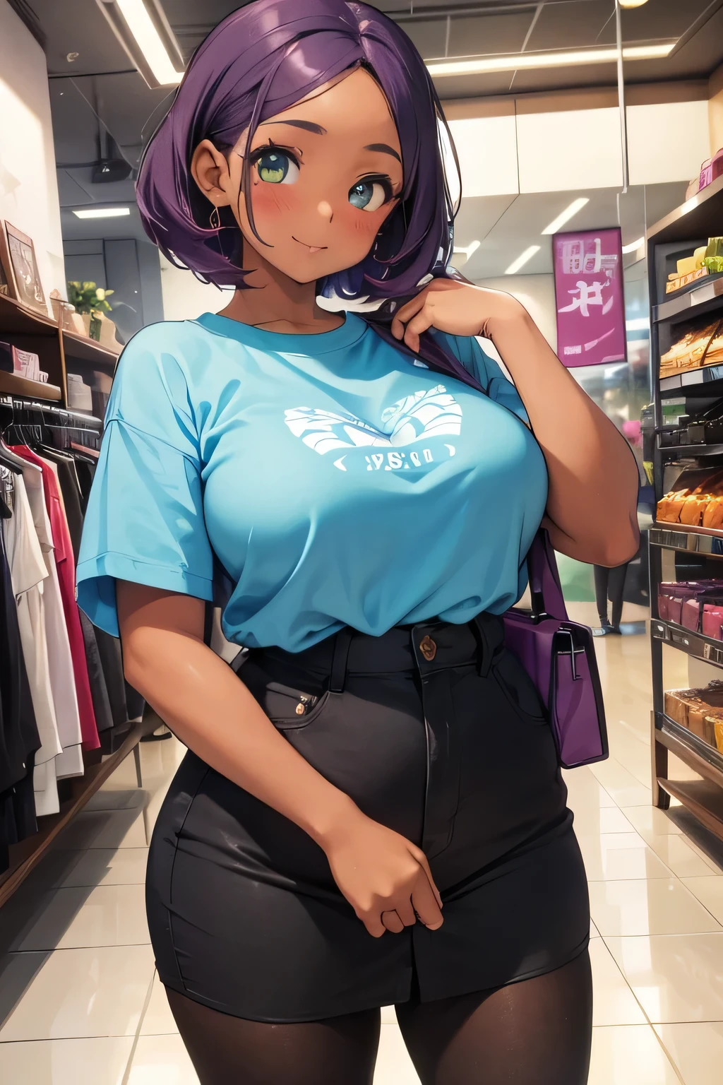 1 girl, single girl, cute, dark skin, tanned skin, short purple hair, green eyes, blushing, chubby, somewhat large breasts, kawaii aesthetic clothing, flirty clothing,  in a clothing store,