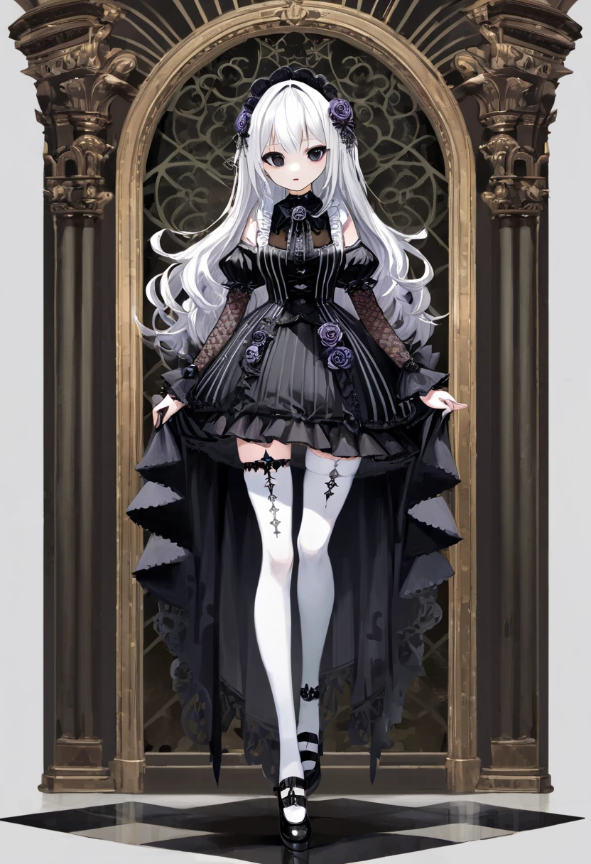 masterpiece, top-quality, ​masterpiece, top-quality,ighly detailed,{top-quality}, {{​masterpiece}}, {hight resolution},original, {extremely delicate and beautiful},​masterpiece, top-quality,ighly detailed,{top-quality},white hair, gothic lolita, full body, standing, white thighhighs,