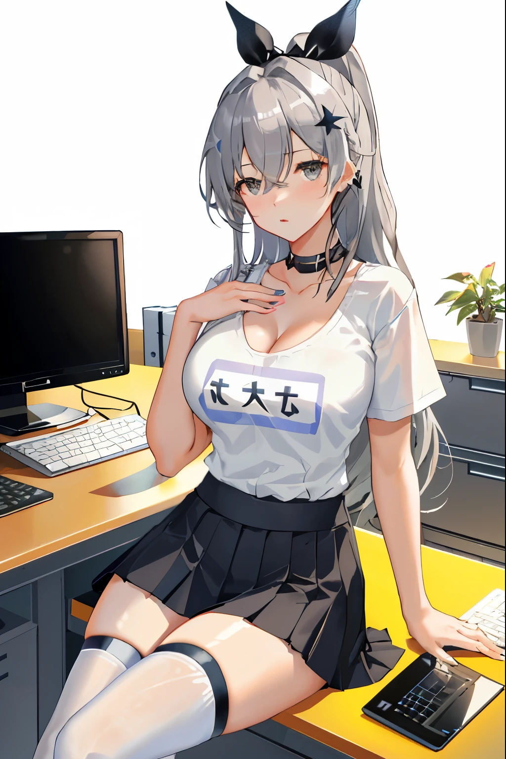 Silver wolf, honkai star rail, 1girl, solo, ((white shirt)), black thighhighs, breasts, cleavage, uniform, office background, black skirt, pleated skirt, office, hair between eyes, hair ornament, large breasts, long hair, looking at viewer, silver short nails, grey eyes, solo, thighhighs, thighs, ((masterpiece)), sitting, chair, desk, computer on desk, name tag, id tag, indoor, blush, sexy pose, hands behind, ((office top)),